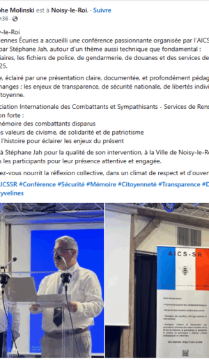 12 juin 2025 : Le délégué régional AICS-SR Stéphane Jah a organisé une Conférence à la Salle des fêtes des Anciennes écuries de Noisy le Roi