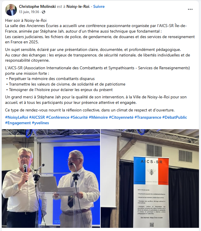 12 juin 2025 : Le délégué régional AICS-SR Stéphane Jah a organisé une Conférence à la Salle des fêtes des Anciennes écuries de Noisy le Roi